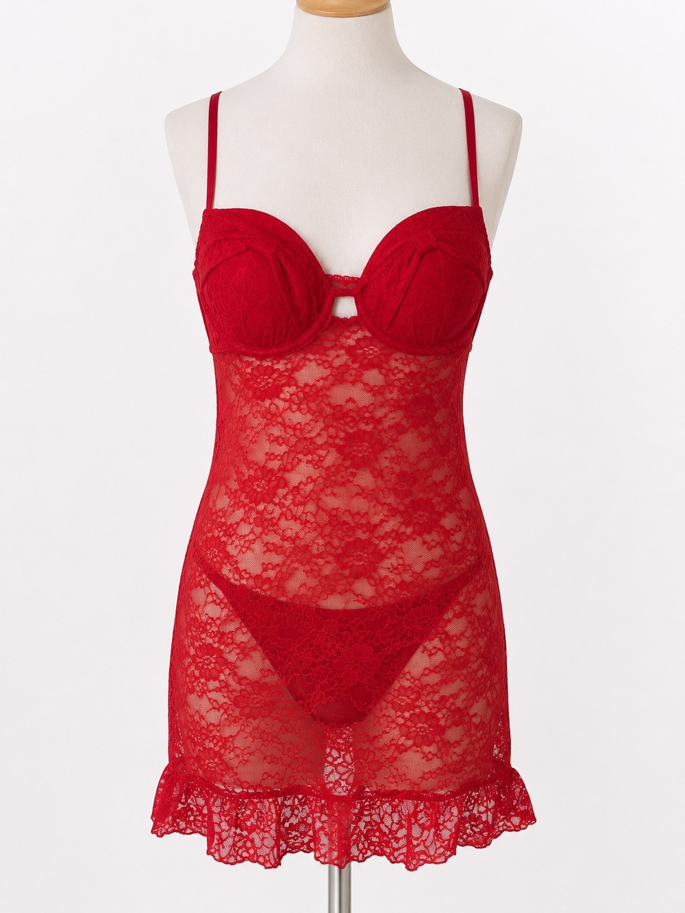 Victoria’s Secret The Lacie Red Lace Babydoll Chemise & Thong Set LG